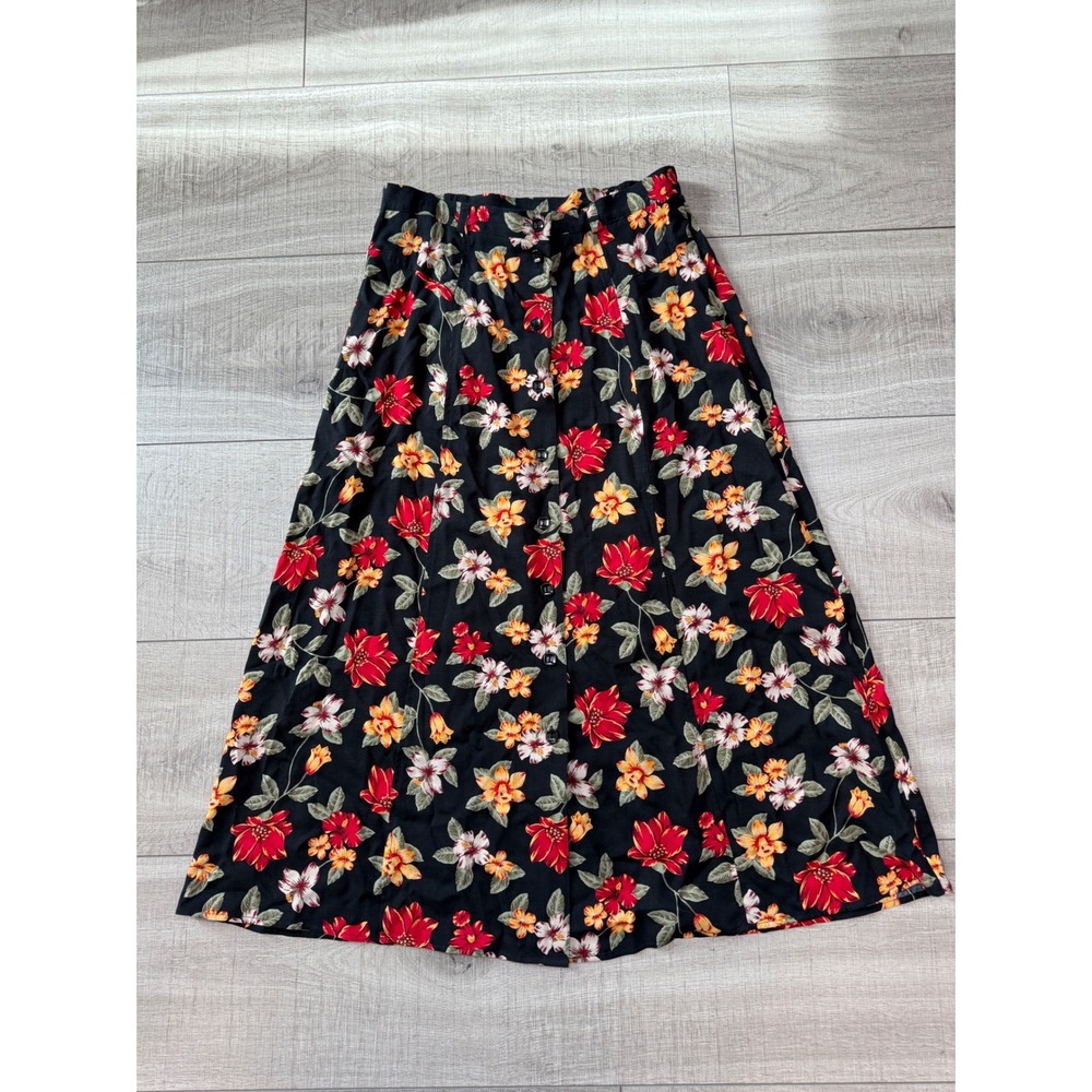 Sag Harbor Vintage Floral‎ Button Front Midi Skirt Black Red Rayon Womens Medium